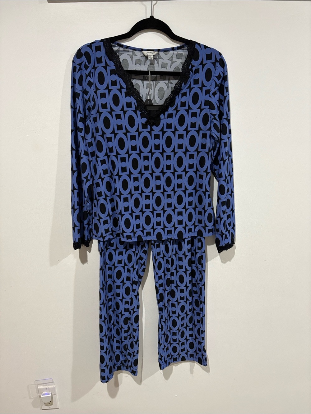 Blue Geometric Lace-Trim Pajama Set